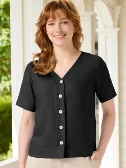 Women’s Linen-Blend V-Neck Short-Sleeve Top