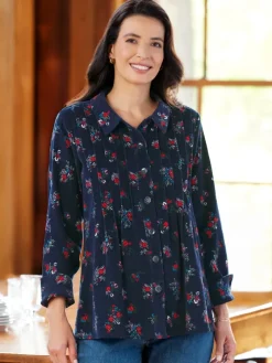 Women's Navy Floral Pintucked Corduroy Tunic
