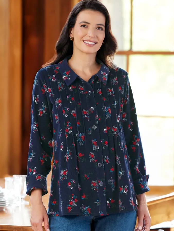 Women's Navy Floral Pintucked Corduroy Tunic