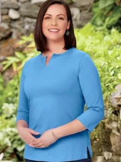 Women's Notch-Neck Cotton Jersey Tunic, Three Quarter Sleeve