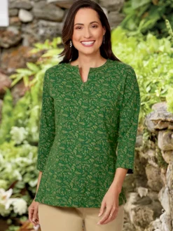 Women's Notch-Neck Printed Cotton Jersey Tunic, Three Quarter Sleeve