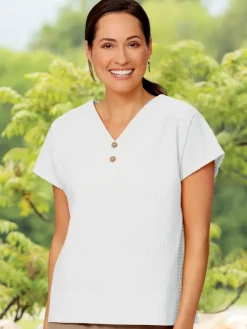 Women's Patriotic Crinkle Cotton Double V-Neck Short-Sleeve Top