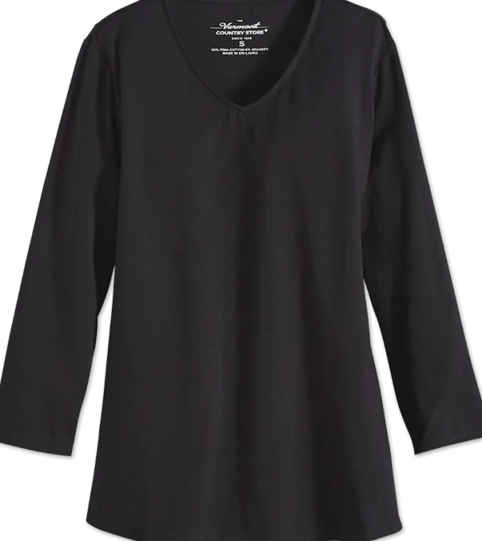 Women's Pima Cotton V-Neck Top With 3/4 Sleeves
