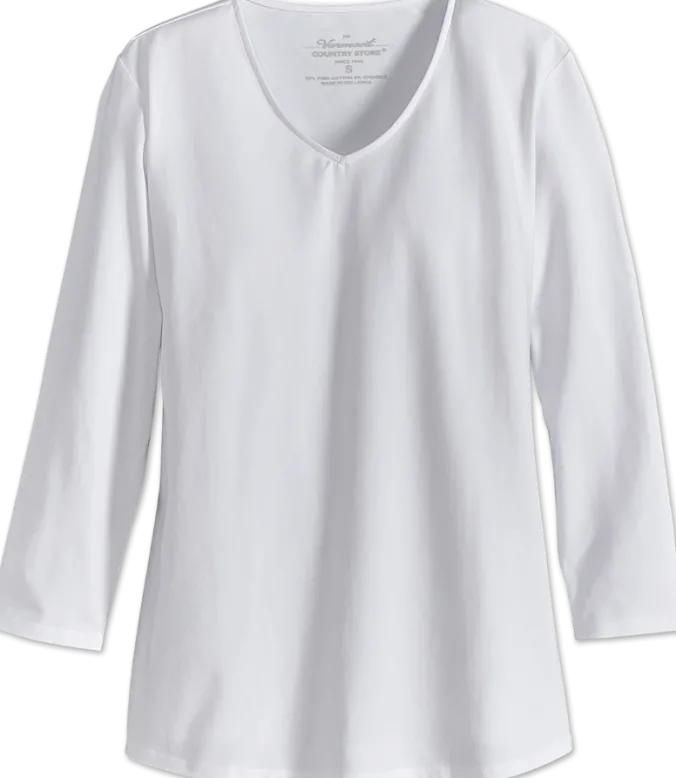 Women's Pima Cotton V-Neck Top With 3/4 Sleeves