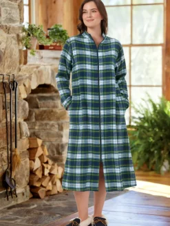 Women's Plaid Cotton Flannel Zip-Up Robe