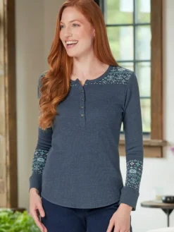 Women's Printed Waffle-Knit Henley Top