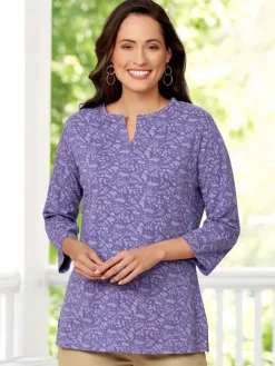 Women's Purple Notch-Neck Printed Cotton Jersey Tunic, Three Quarter Sleeve