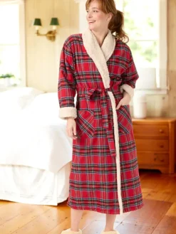 Women's Sherpa-Lined Portuguese Cotton Flannel Wrap Robe