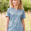 Women's Short-Sleeve Garment-Washed Paisley Cotton Henley
