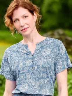 Women's Short-Sleeve Garment-Washed Paisley Cotton Henley