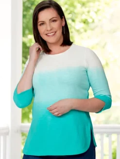 Women's Turquoise Ombre Cotton Top With 3/4 Sleeves